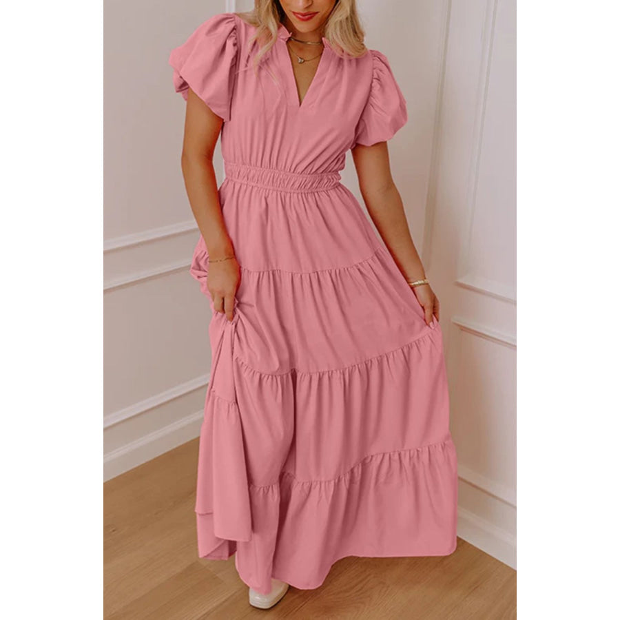 Elegant Ruffled Tiered Puff Sleeve Maxi Dress Dusty Pink / S Apparel and Accessories