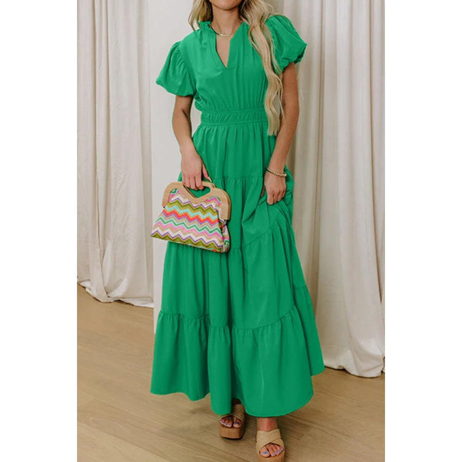Elegant Ruffled Tiered Puff Sleeve Maxi Dress Green / S Apparel and Accessories