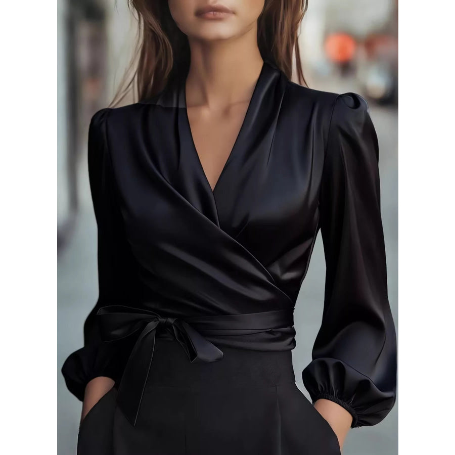 Elegant Satin Wrap Blouse with Bow Detail Black / S Apparel and Accessories