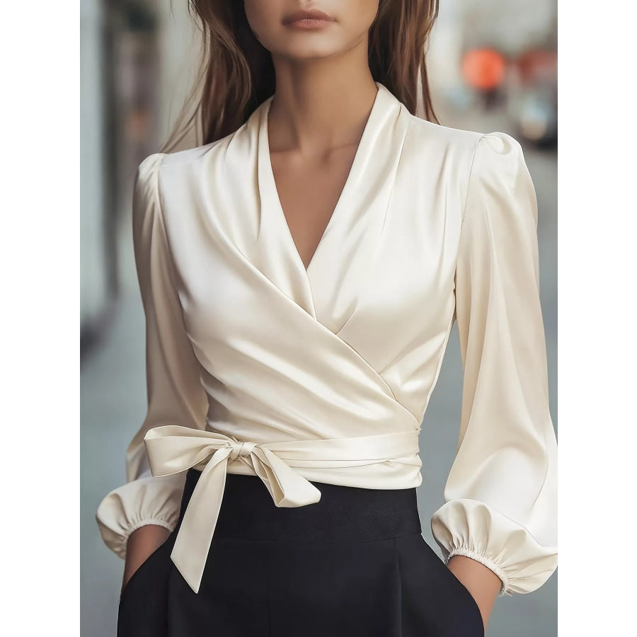 Elegant Satin Wrap Blouse with Bow Detail Cream / S Apparel and Accessories