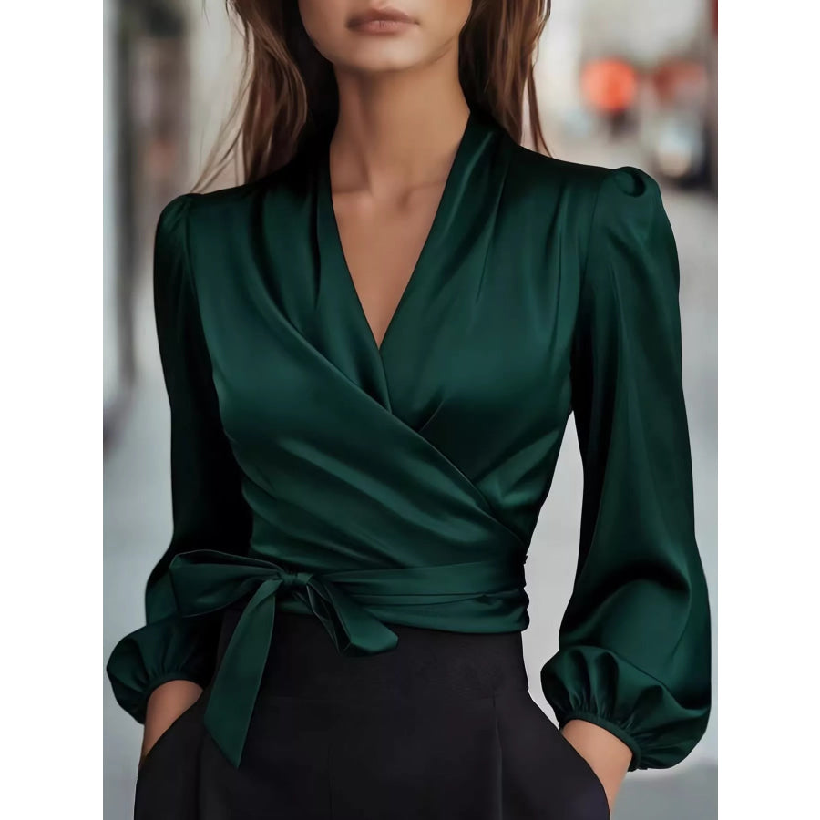 Elegant Satin Wrap Blouse with Bow Detail Dark Green / S Apparel and Accessories