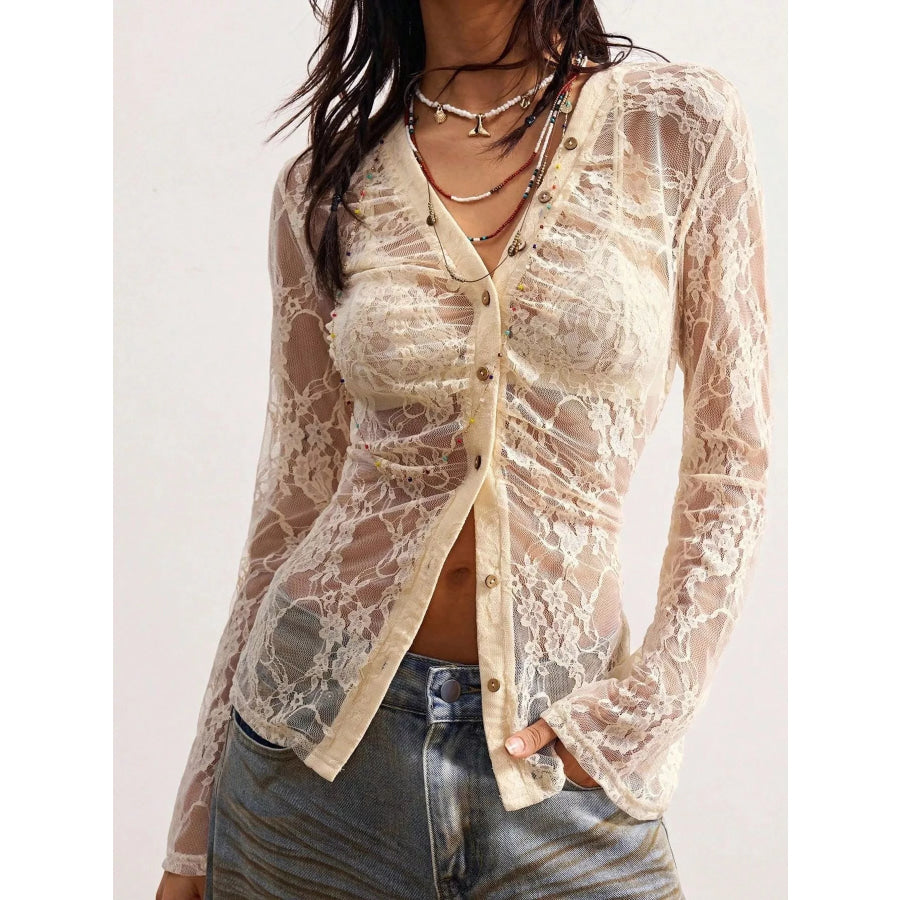 Elegant Sheer Lace Button-Down Shirt Apparel and Accessories