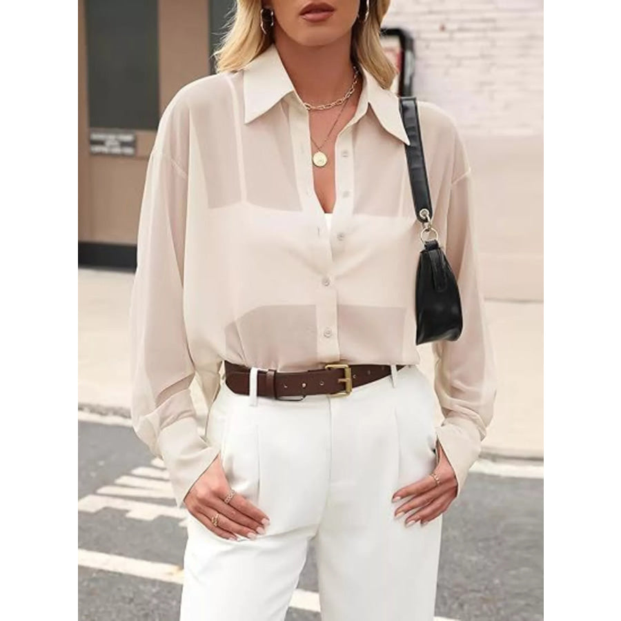Elegant Sheer Long Sleeve Shirt Apricot / S Apparel and Accessories
