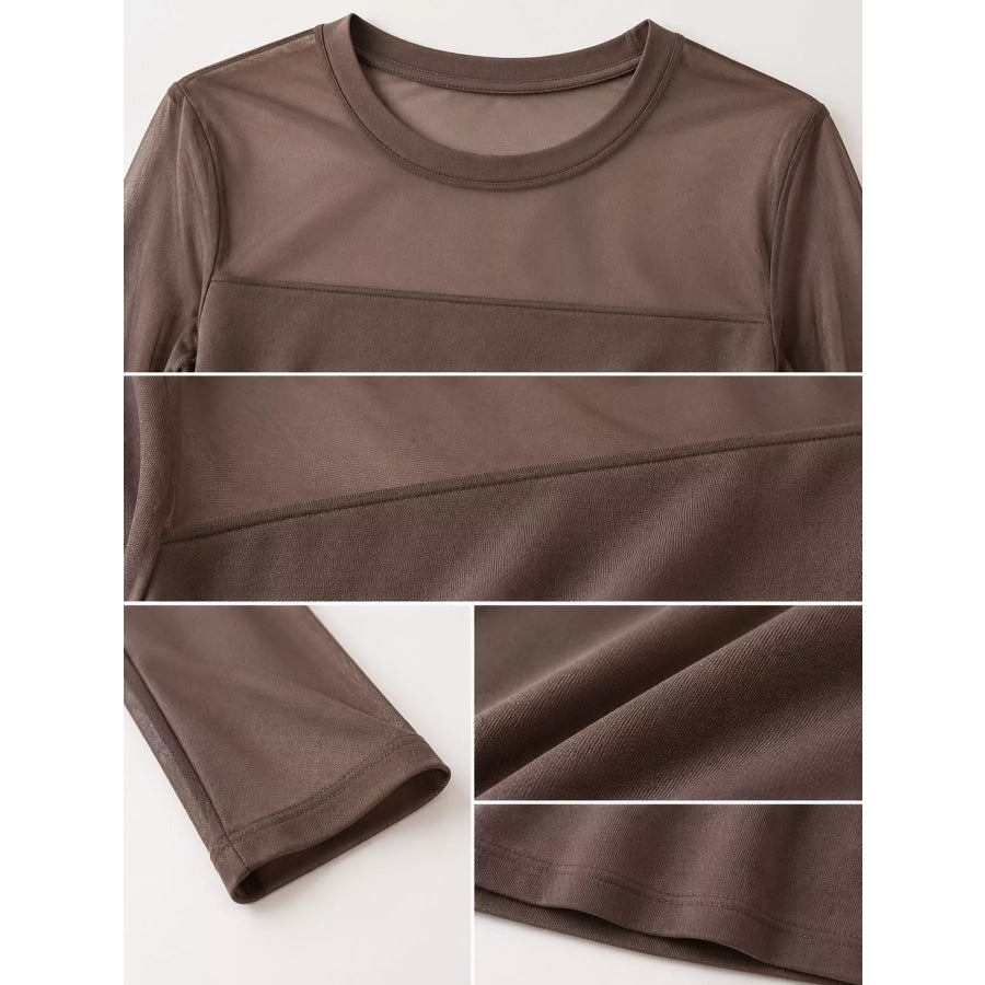 Elegant Sheer Mesh Patchwork Long Sleeve T-Shirt Apparel and Accessories