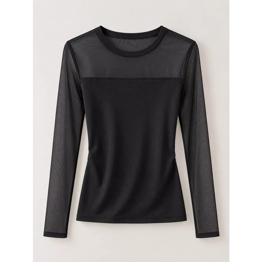 Elegant Sheer Mesh Patchwork Long Sleeve T-Shirt Apparel and Accessories