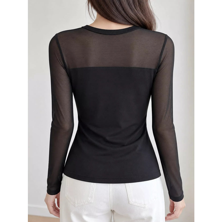 Elegant Sheer Mesh Patchwork Long Sleeve T-Shirt Apparel and Accessories