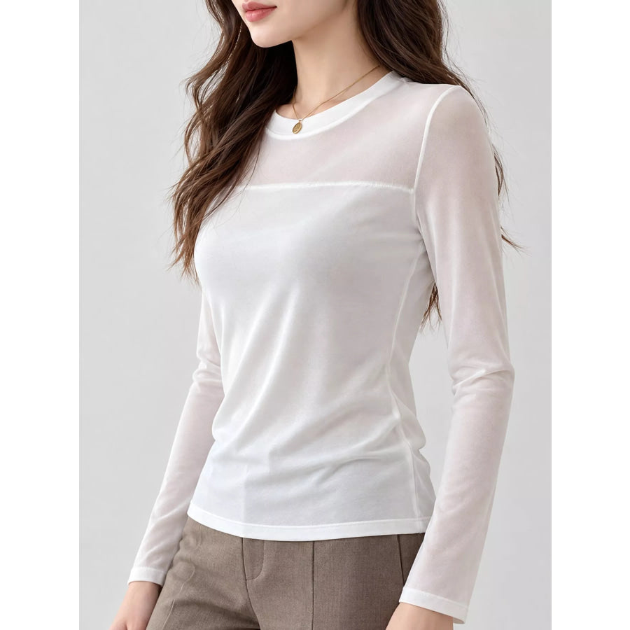 Elegant Sheer Mesh Patchwork Long Sleeve T-Shirt Apparel and Accessories