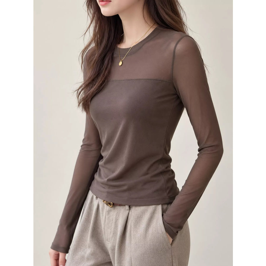 Elegant Sheer Mesh Patchwork Long Sleeve T-Shirt Apparel and Accessories