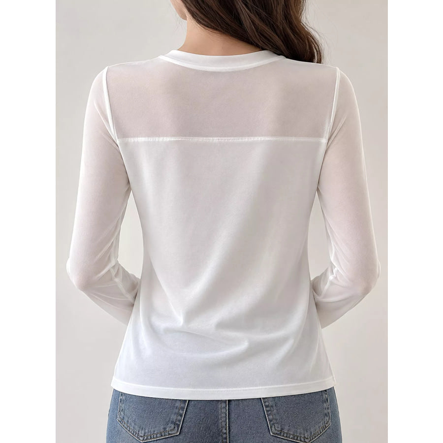 Elegant Sheer Mesh Patchwork Long Sleeve T-Shirt Apparel and Accessories
