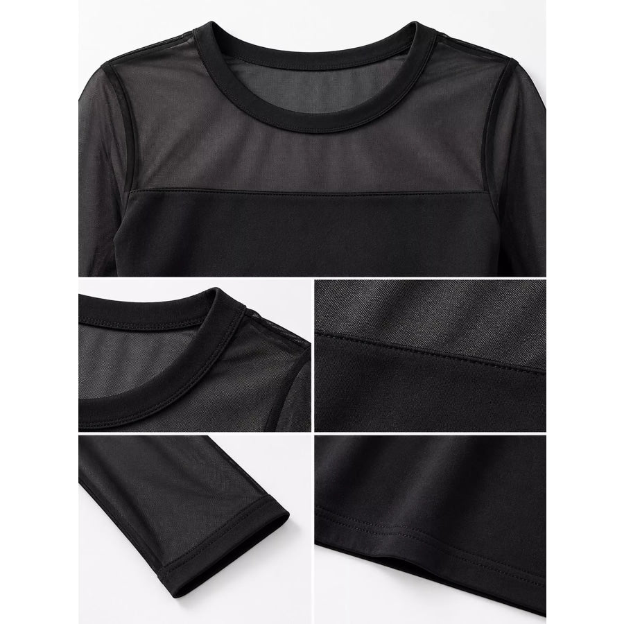 Elegant Sheer Mesh Patchwork Long Sleeve T-Shirt Apparel and Accessories