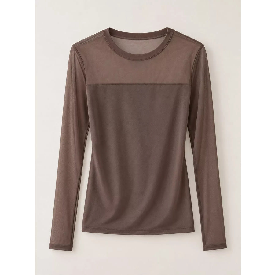 Elegant Sheer Mesh Patchwork Long Sleeve T-Shirt Apparel and Accessories