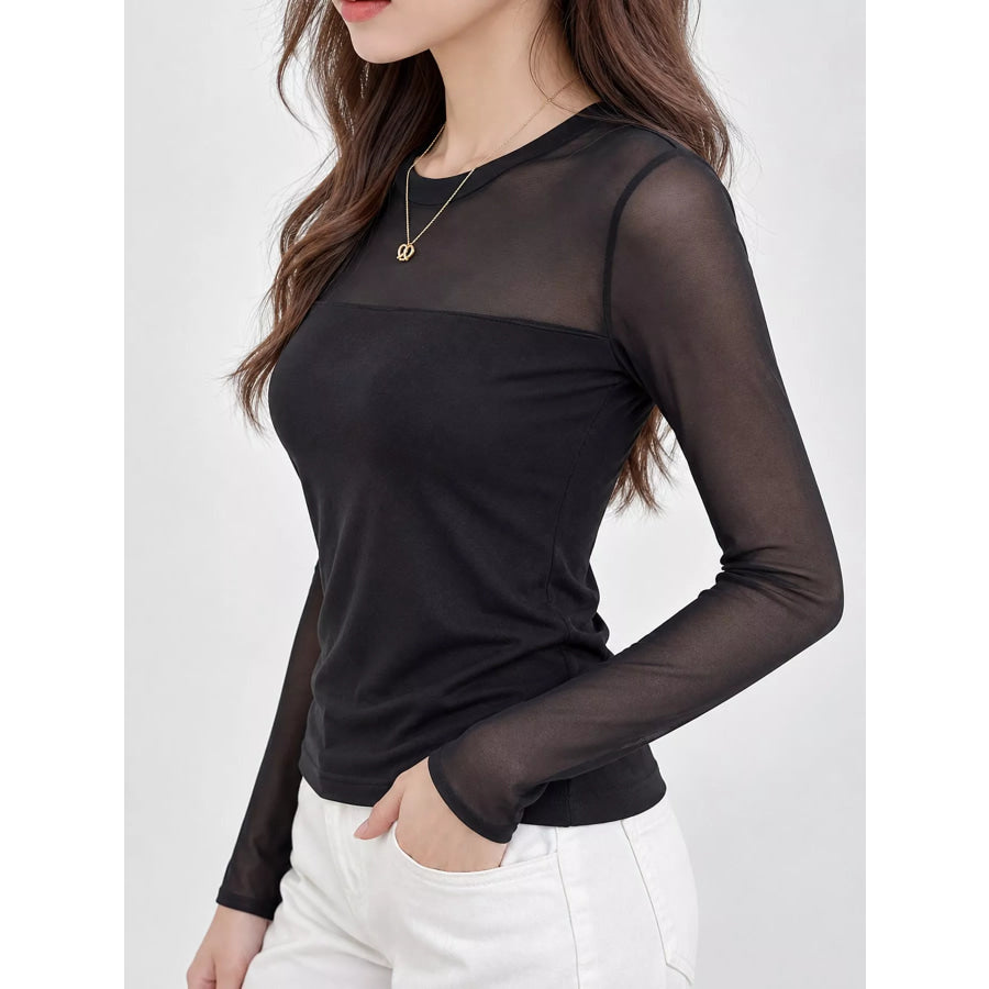 Elegant Sheer Mesh Patchwork Long Sleeve T-Shirt Apparel and Accessories