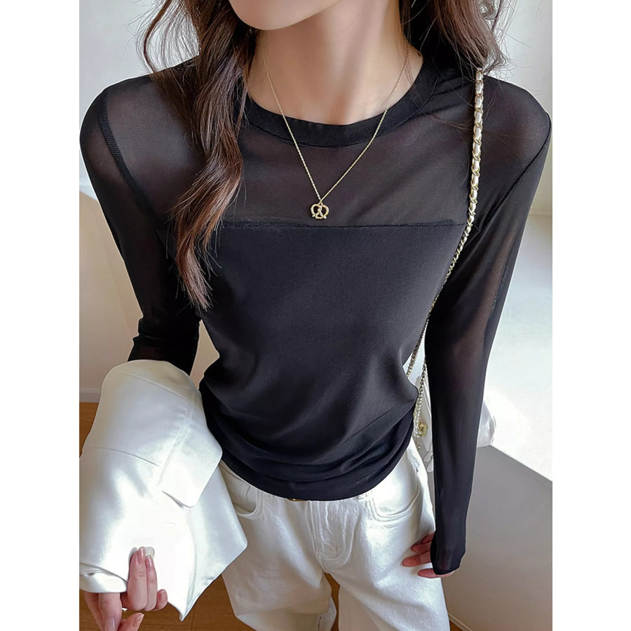 Elegant Sheer Mesh Patchwork Long Sleeve T-Shirt Black / S Apparel and Accessories