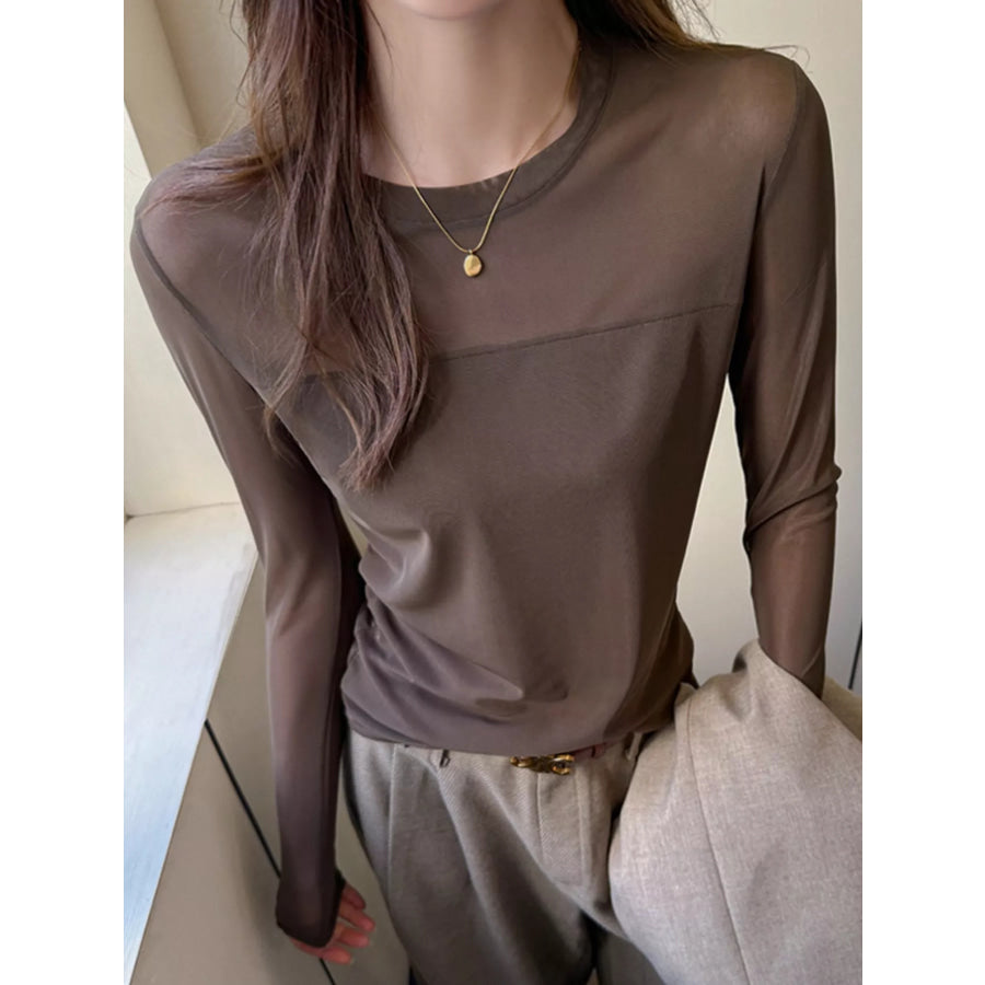 Elegant Sheer Mesh Patchwork Long Sleeve T-Shirt Coffee / S Apparel and Accessories