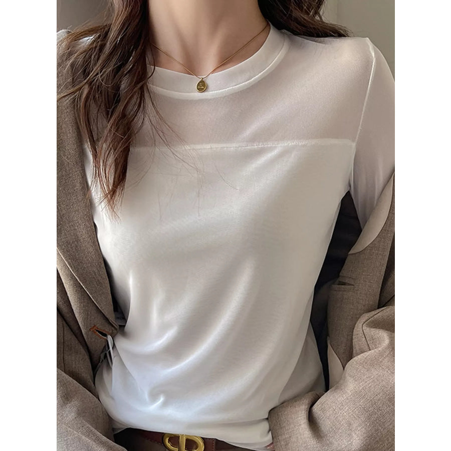 Elegant Sheer Mesh Patchwork Long Sleeve T-Shirt White / S Apparel and Accessories