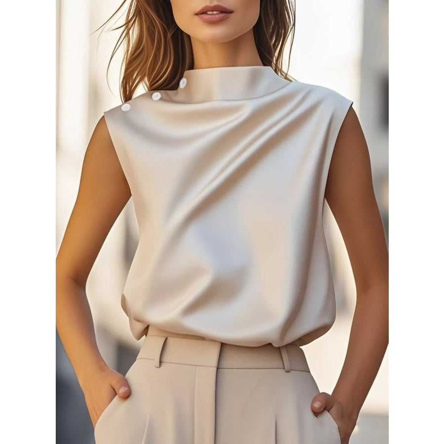 Elegant Sleeveless Button-Detail Blouse Beige / S Apparel and Accessories