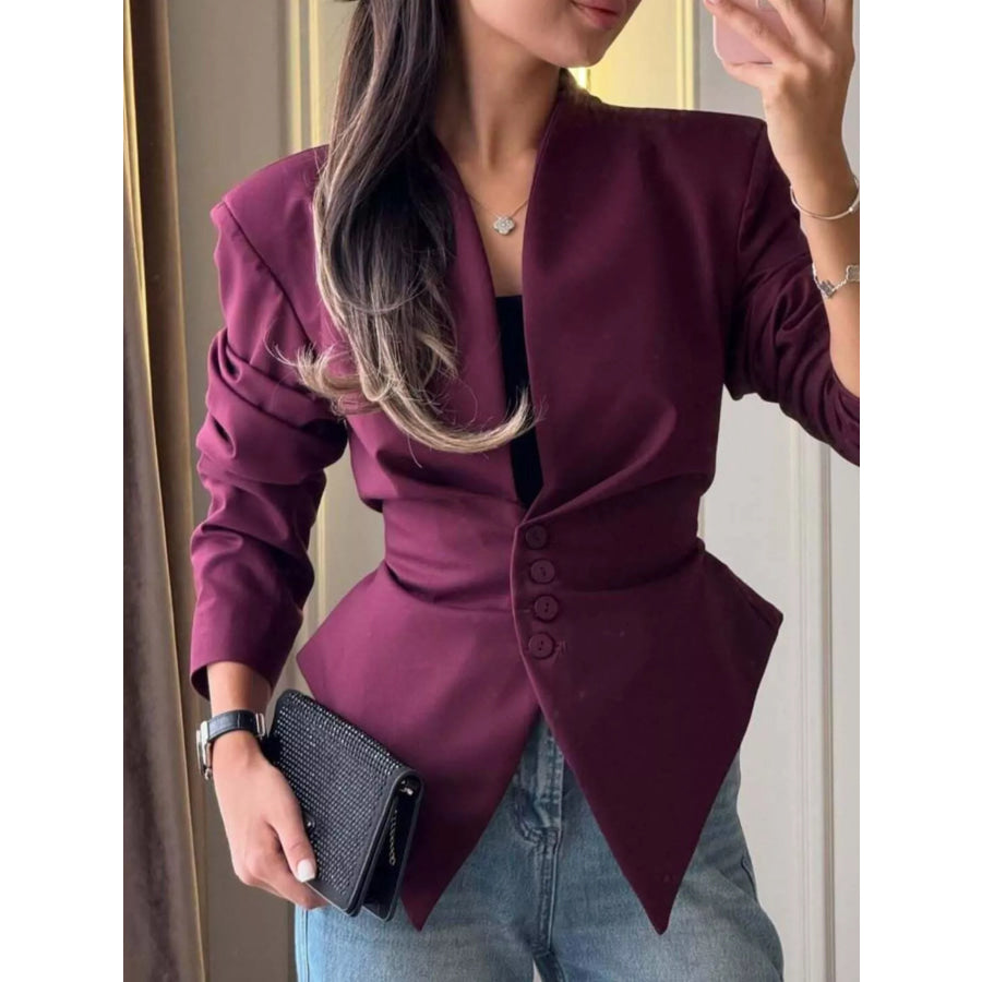 Elegant Slim-Fit Blazer with Asymmetric Hem and Button Detail Plum Purple / S Apparel Accessories