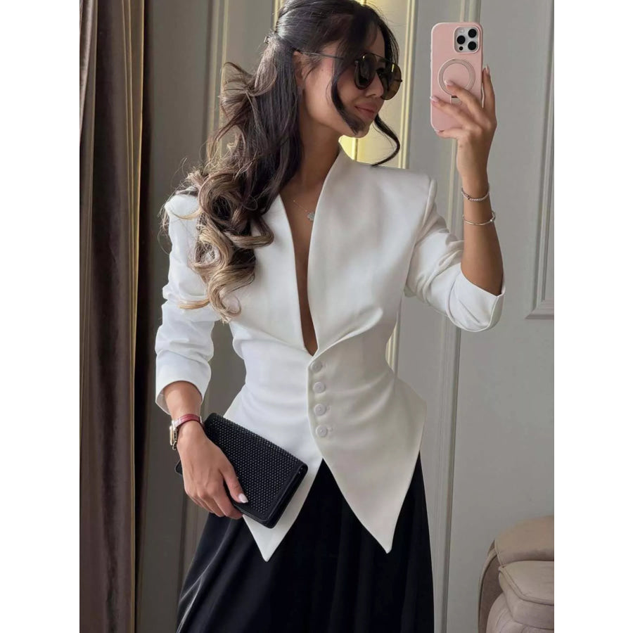 Elegant Slim-Fit Blazer with Asymmetric Hem and Button Detail White / S Apparel Accessories