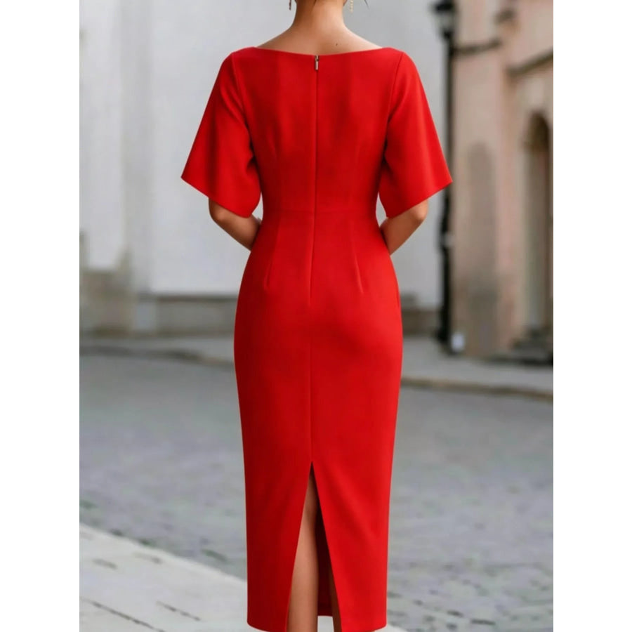 Elegant Slit Back Half Sleeve Midi Dress Apparel and Accessories