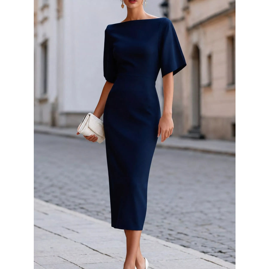 Elegant Slit Back Half Sleeve Midi Dress Apparel and Accessories