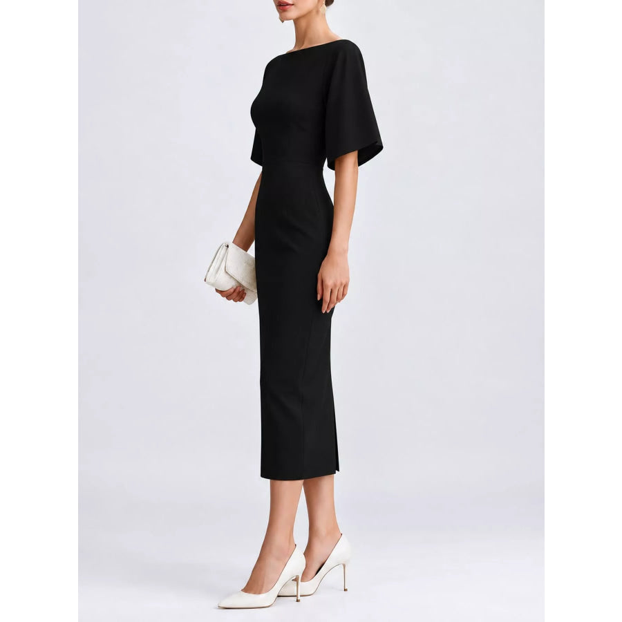 Elegant Slit Back Half Sleeve Midi Dress Apparel and Accessories
