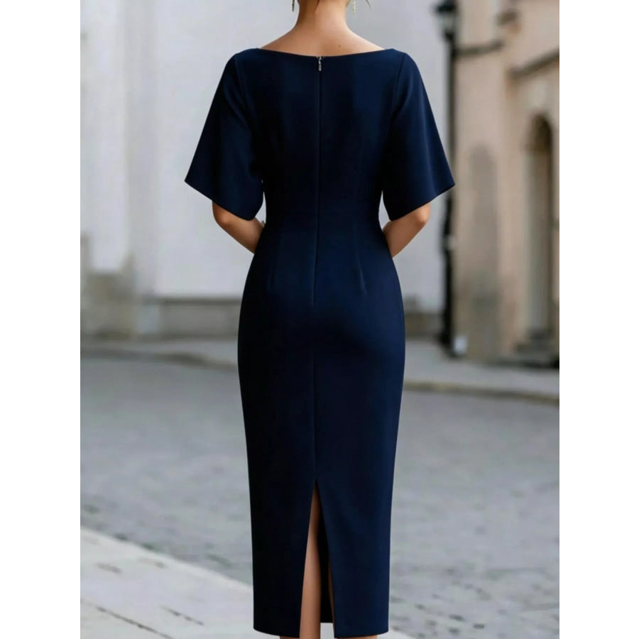 Elegant Slit Back Half Sleeve Midi Dress Apparel and Accessories