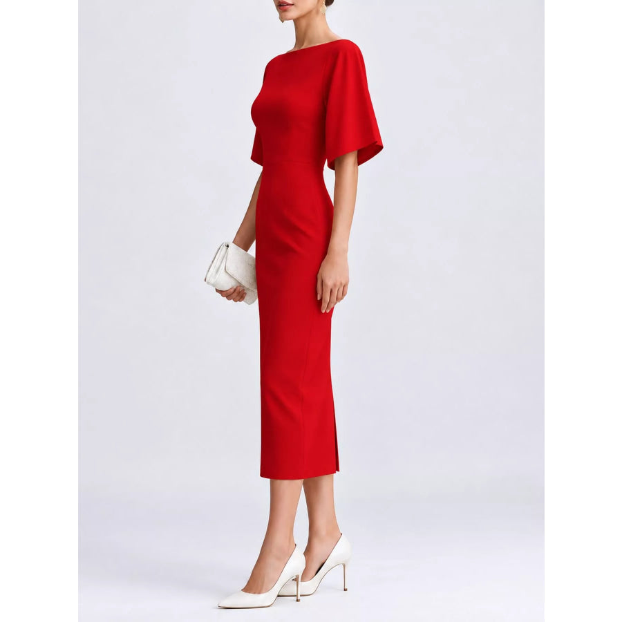 Elegant Slit Back Half Sleeve Midi Dress Apparel and Accessories