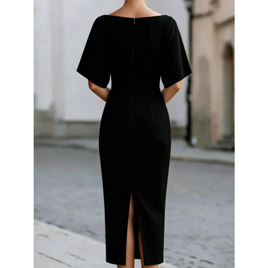 Elegant Slit Back Half Sleeve Midi Dress Apparel and Accessories