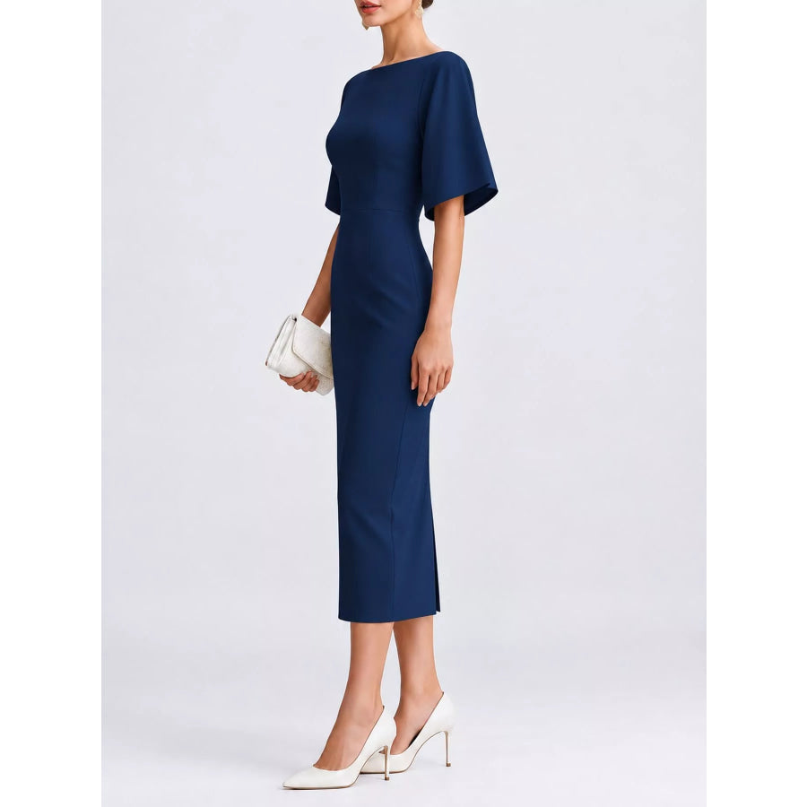 Elegant Slit Back Half Sleeve Midi Dress Apparel and Accessories