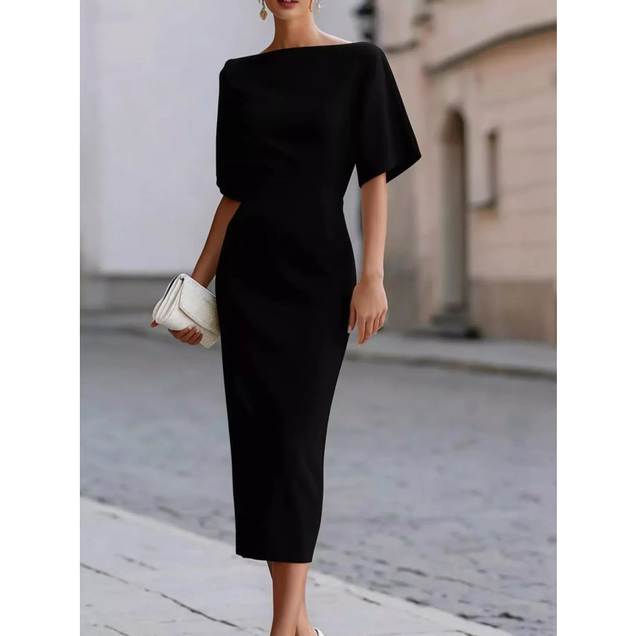 Elegant Slit Back Half Sleeve Midi Dress Black / S Apparel and Accessories