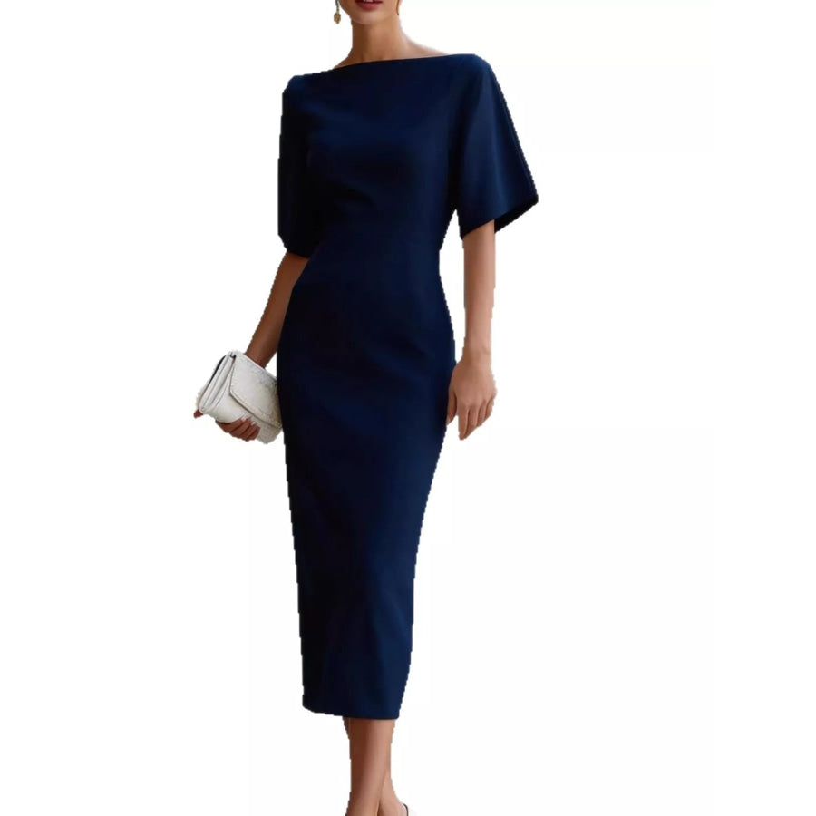 Elegant Slit Back Half Sleeve Midi Dress Navy / S Apparel and Accessories