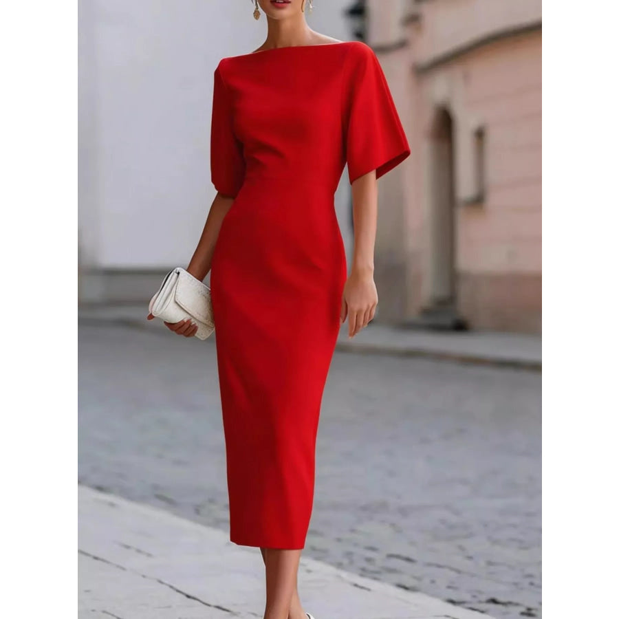 Elegant Slit Back Half Sleeve Midi Dress Red / S Apparel and Accessories