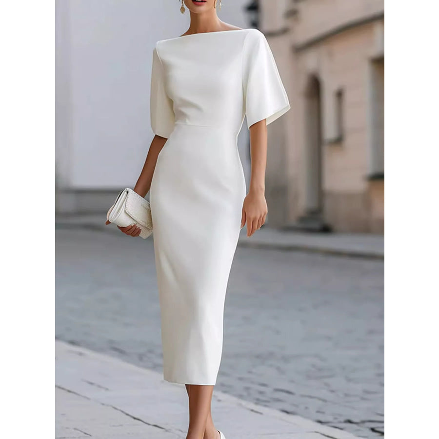 Elegant Slit Back Half Sleeve Midi Dress White / S Apparel and Accessories