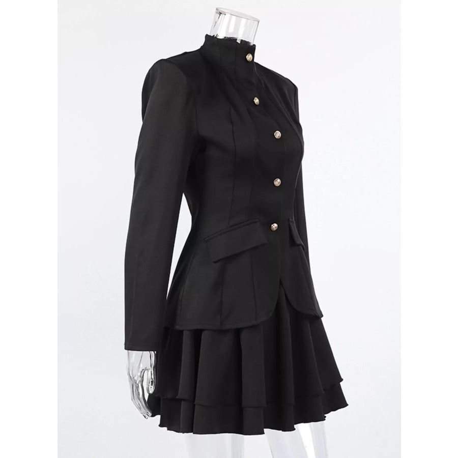 Elegant Stand Collar Blazer and Mini Skirt Set Apparel and Accessories