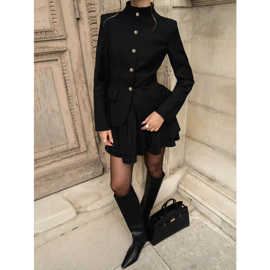 Elegant Stand Collar Blazer and Mini Skirt Set Apparel and Accessories