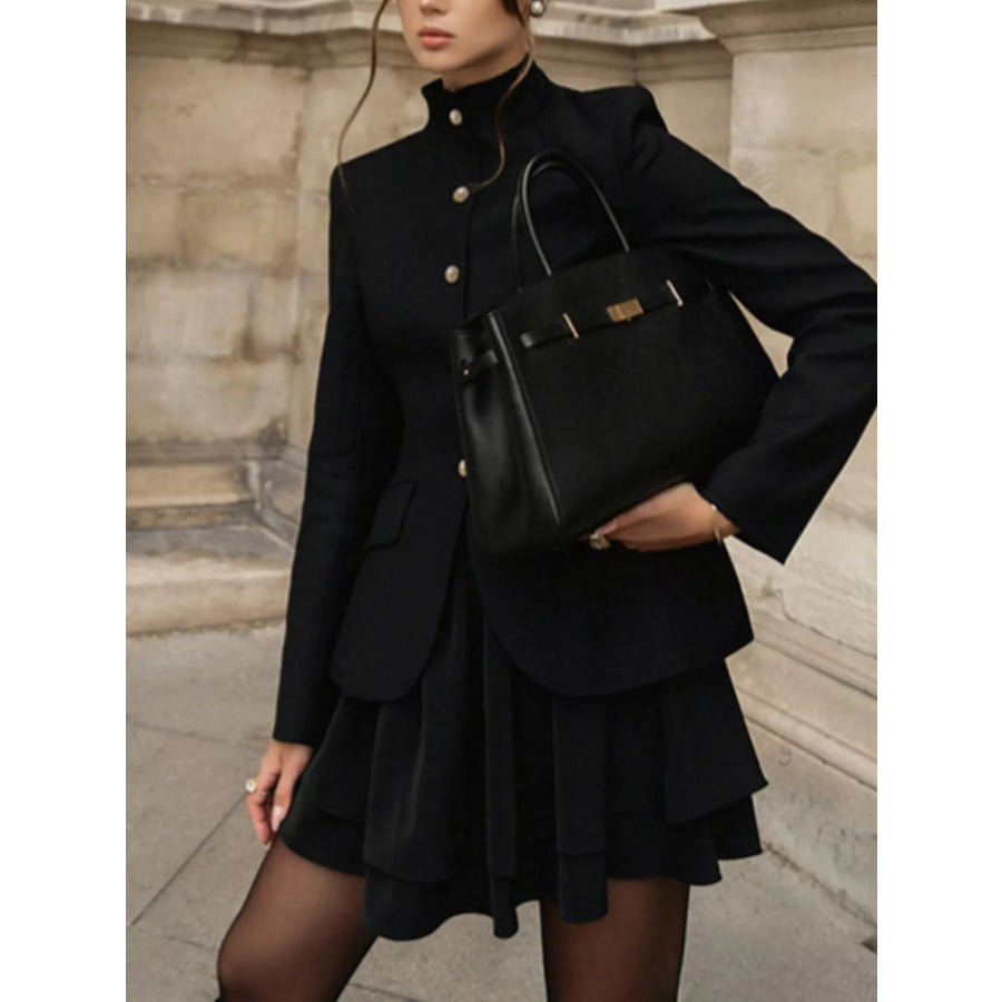 Elegant Stand Collar Blazer and Mini Skirt Set Apparel and Accessories