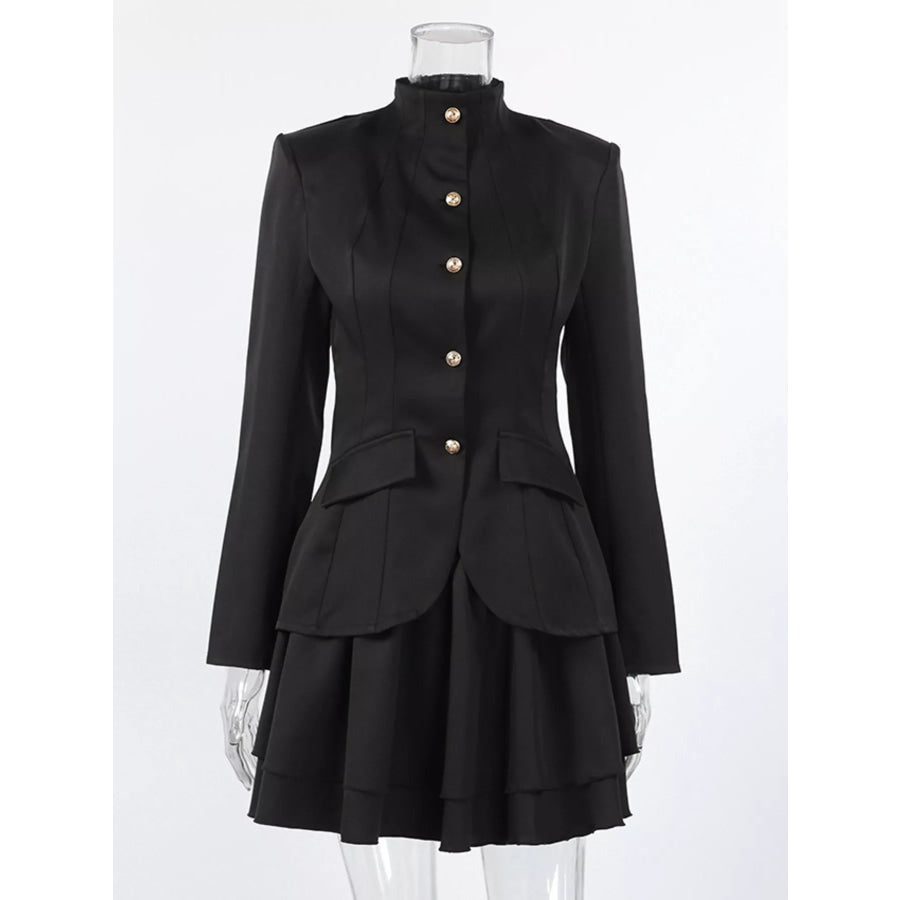 Elegant Stand Collar Blazer and Mini Skirt Set Apparel and Accessories
