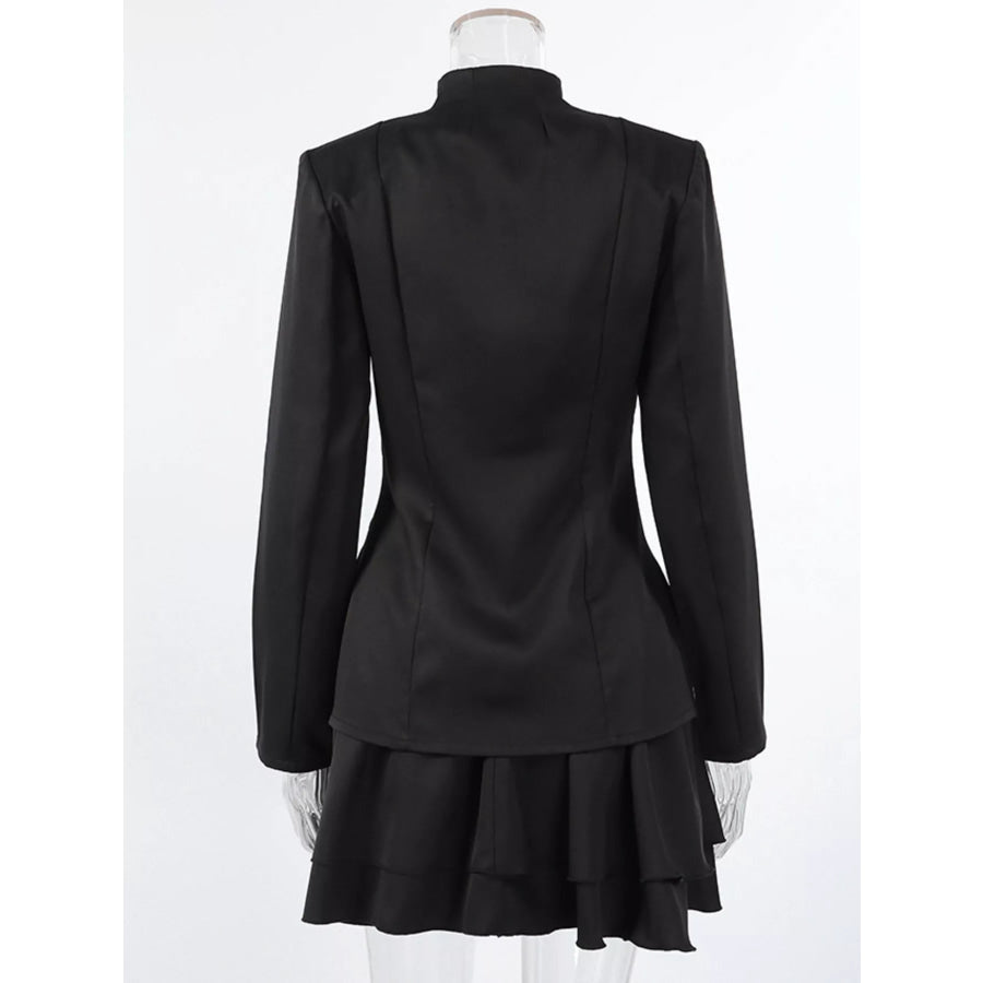 Elegant Stand Collar Blazer and Mini Skirt Set Apparel and Accessories
