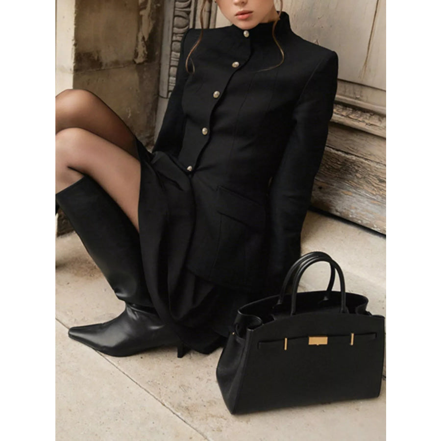 Elegant Stand Collar Blazer and Mini Skirt Set Apparel and Accessories