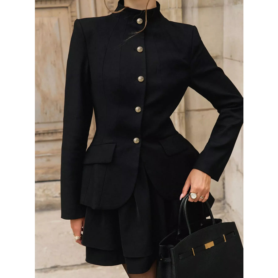 Elegant Stand Collar Blazer and Mini Skirt Set Apparel and Accessories