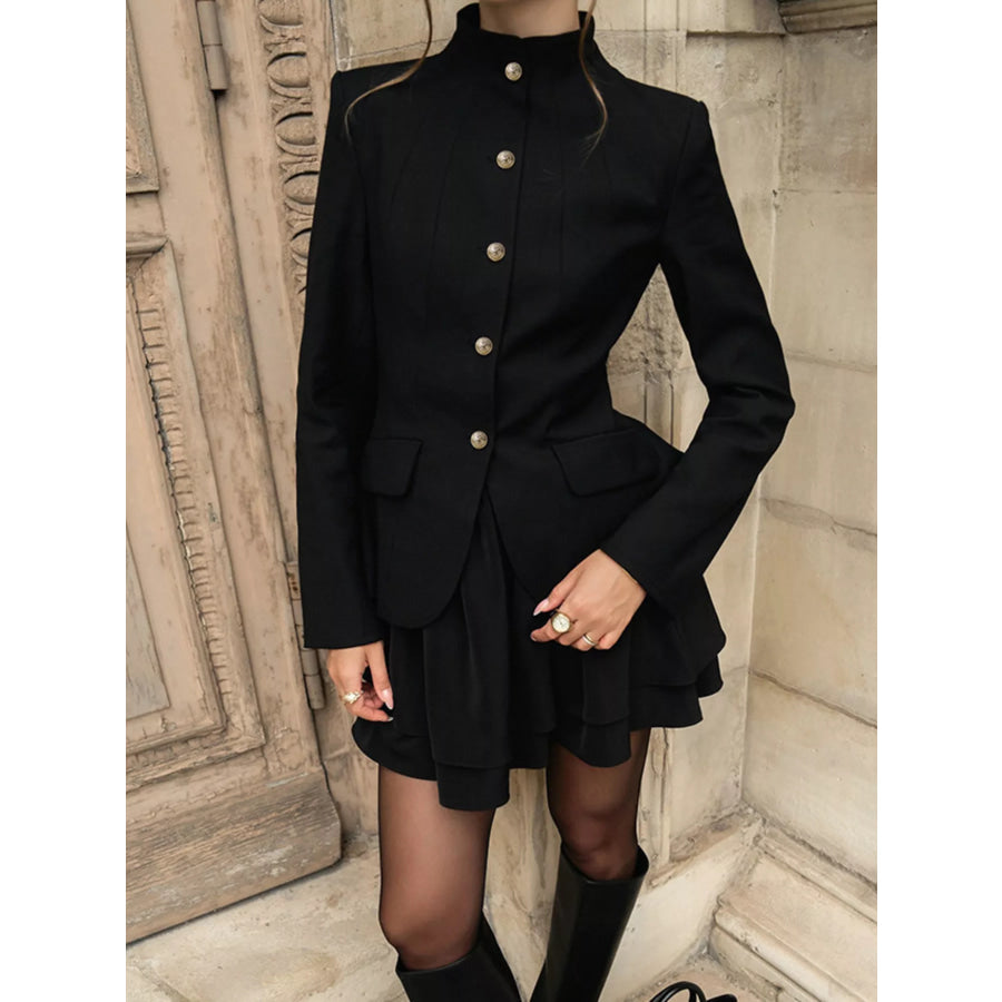 Elegant Stand Collar Blazer and Mini Skirt Set Black / S Apparel and Accessories