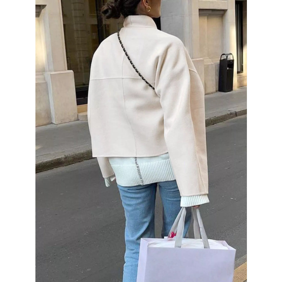 Elegant Stand Collar Open Front Outerwear Apparel and Accessories