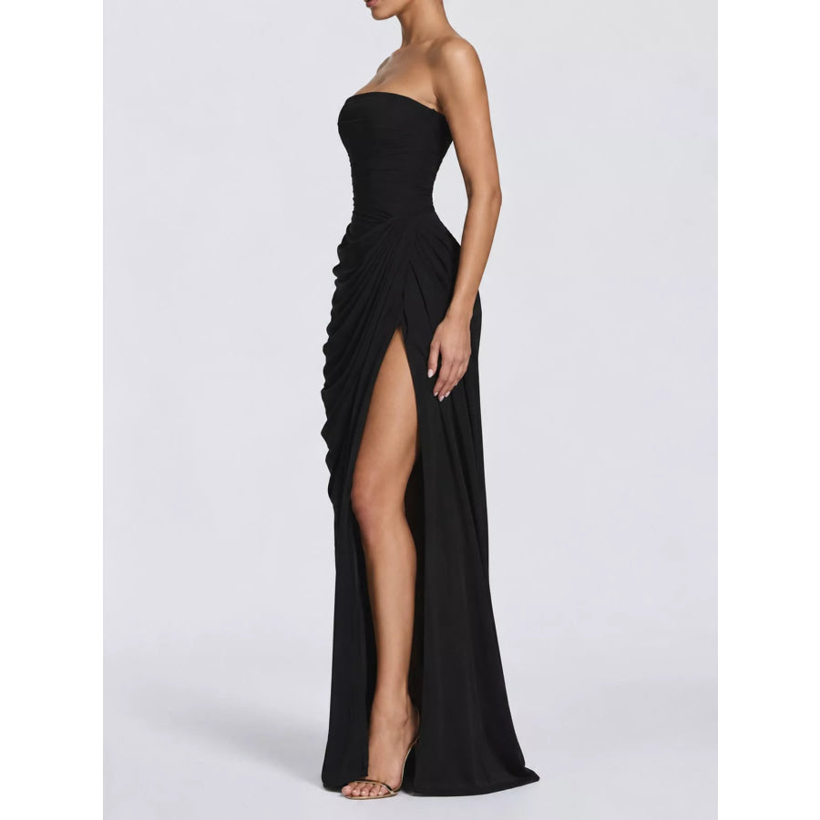 Elegant Strapless Ruched High-Slit Evening Dress Apparel and Accessories