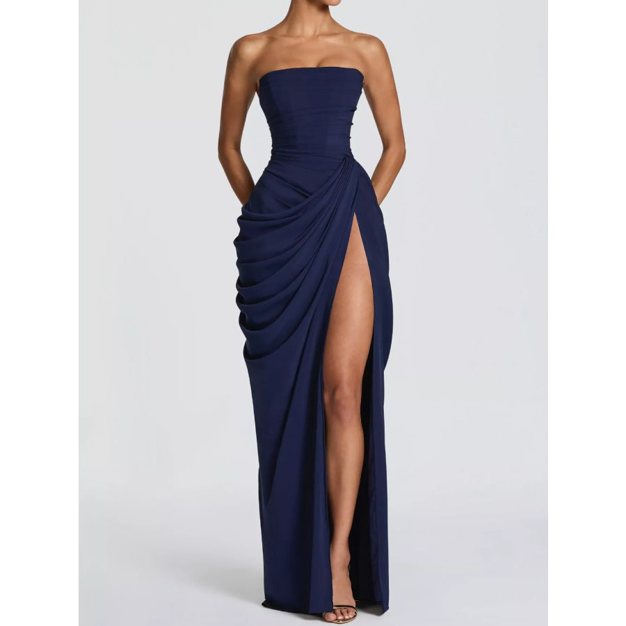 Elegant Strapless Ruched High-Slit Evening Dress Apparel and Accessories