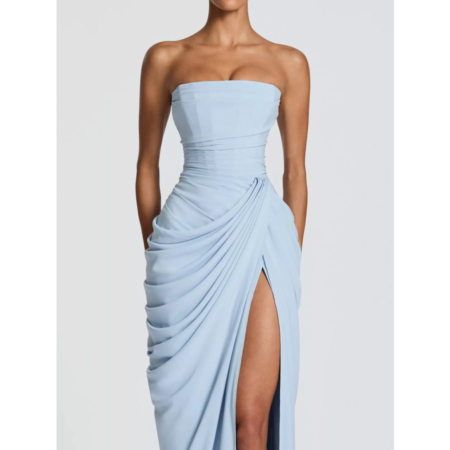 Elegant Strapless Ruched High-Slit Evening Dress Apparel and Accessories