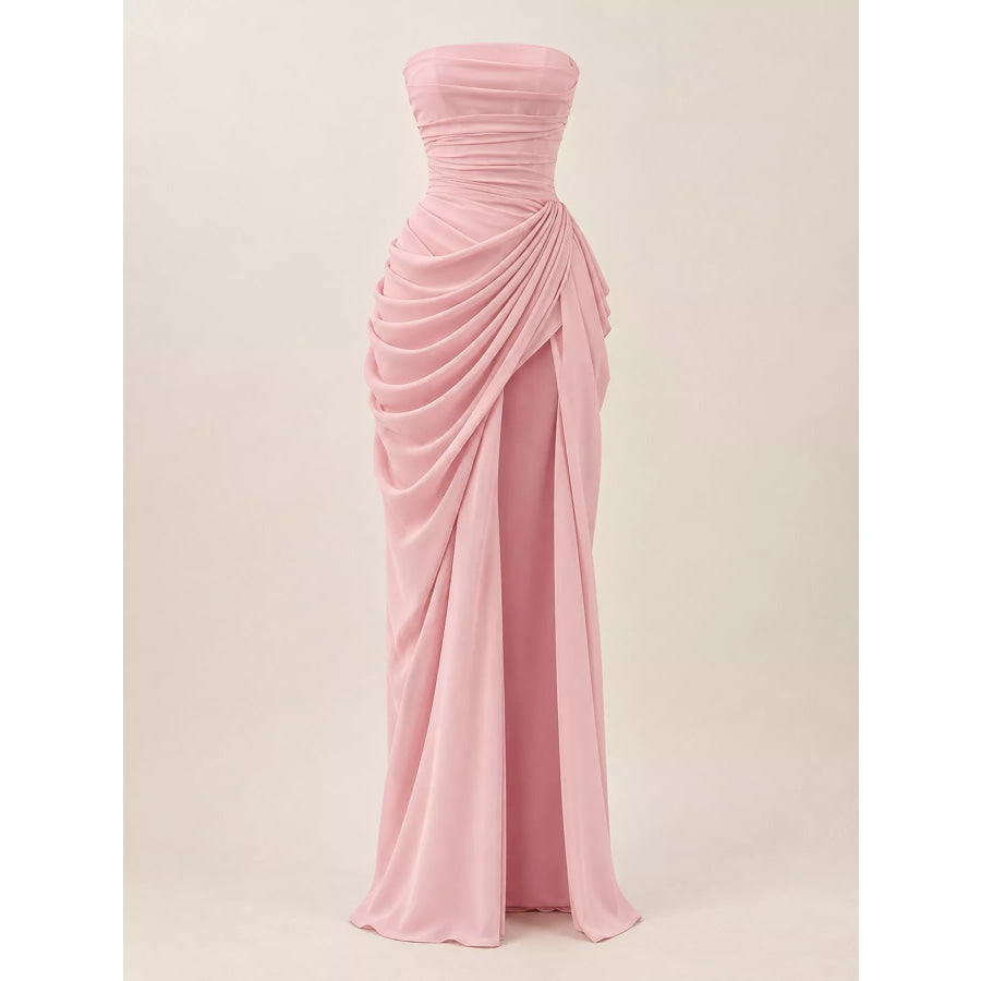 Elegant Strapless Ruched High-Slit Evening Dress Apparel and Accessories