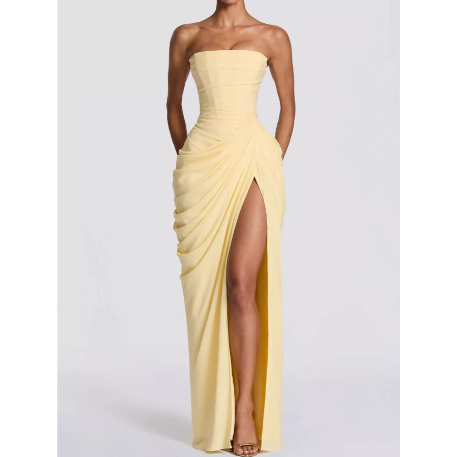 Elegant Strapless Ruched High-Slit Evening Dress Apparel and Accessories