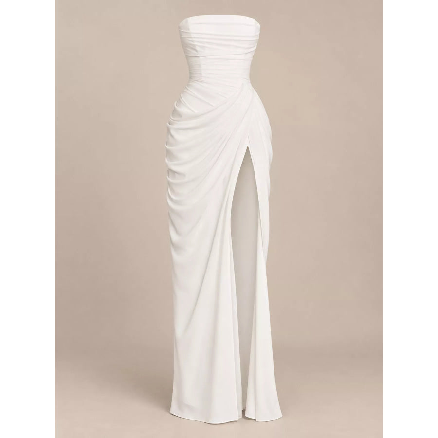Elegant Strapless Ruched High-Slit Evening Dress Apparel and Accessories