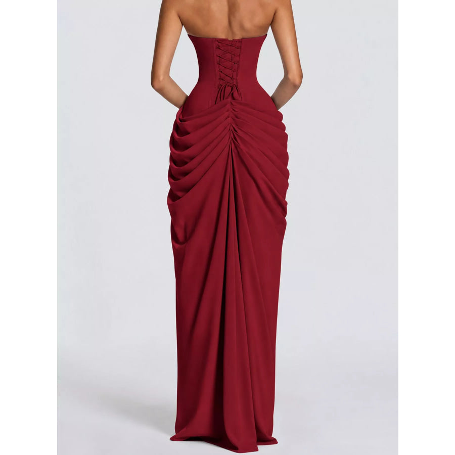 Elegant Strapless Ruched High-Slit Evening Dress Apparel and Accessories