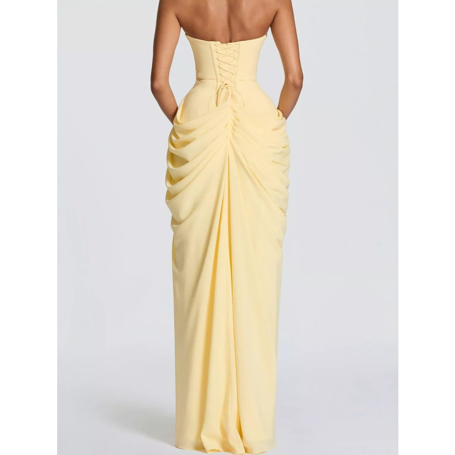 Elegant Strapless Ruched High-Slit Evening Dress Apparel and Accessories